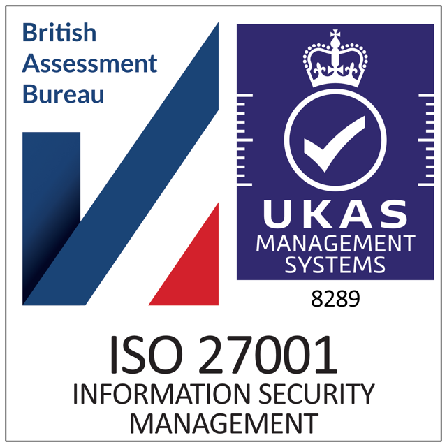 ISO 27001 Information Security Management certification mark, British Assessment Bureau, UKAS accredited